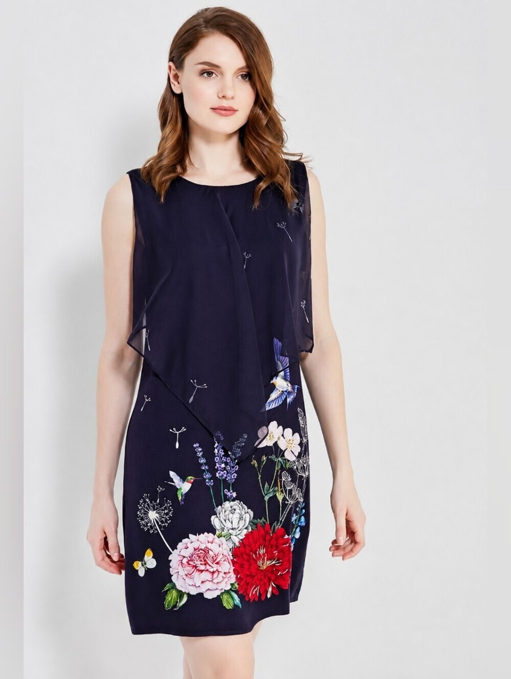 Desigual (220$) | Navy Floral Hummingbird Layered Chiffon Shift Dress, Size 42